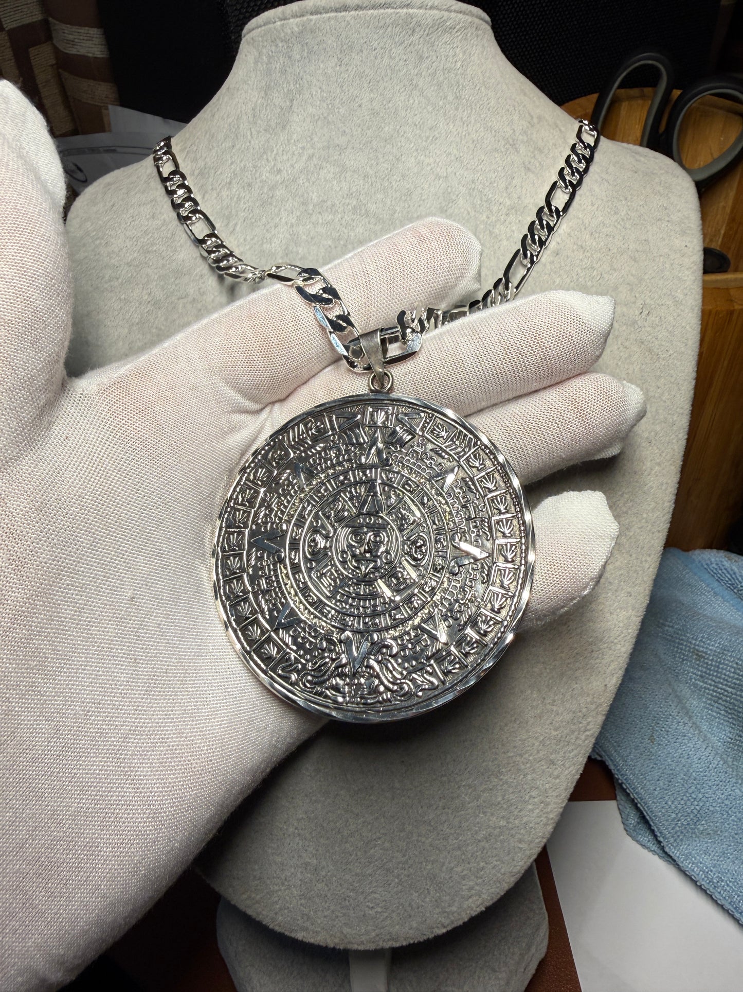 Aztec Calendar Pendant Necklace, Sterling Silver, Vintage, 23.87g, 2.5", Mexico 925, (H)