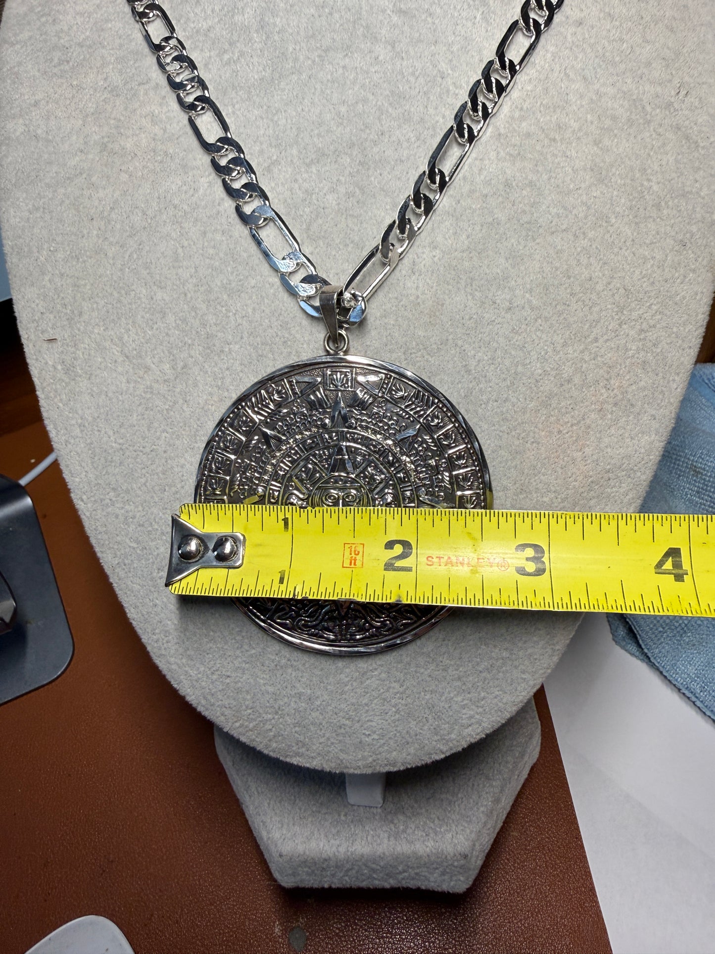 Aztec Calendar Pendant Necklace, Sterling Silver, Vintage, 23.87g, 2.5", Mexico 925, (H)