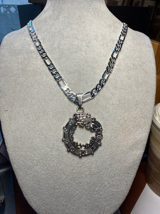 Aztec Quetzalcoatl Mayan Kukulkan Dragon Necklace, Silver Tone Metal, Mexican #H