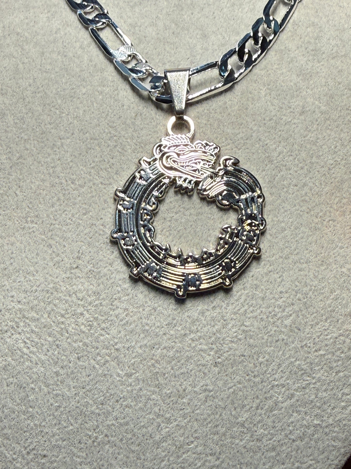 Aztec Quetzalcoatl Mayan Kukulkan Dragon Necklace, Silver Tone Metal, Mexican #H