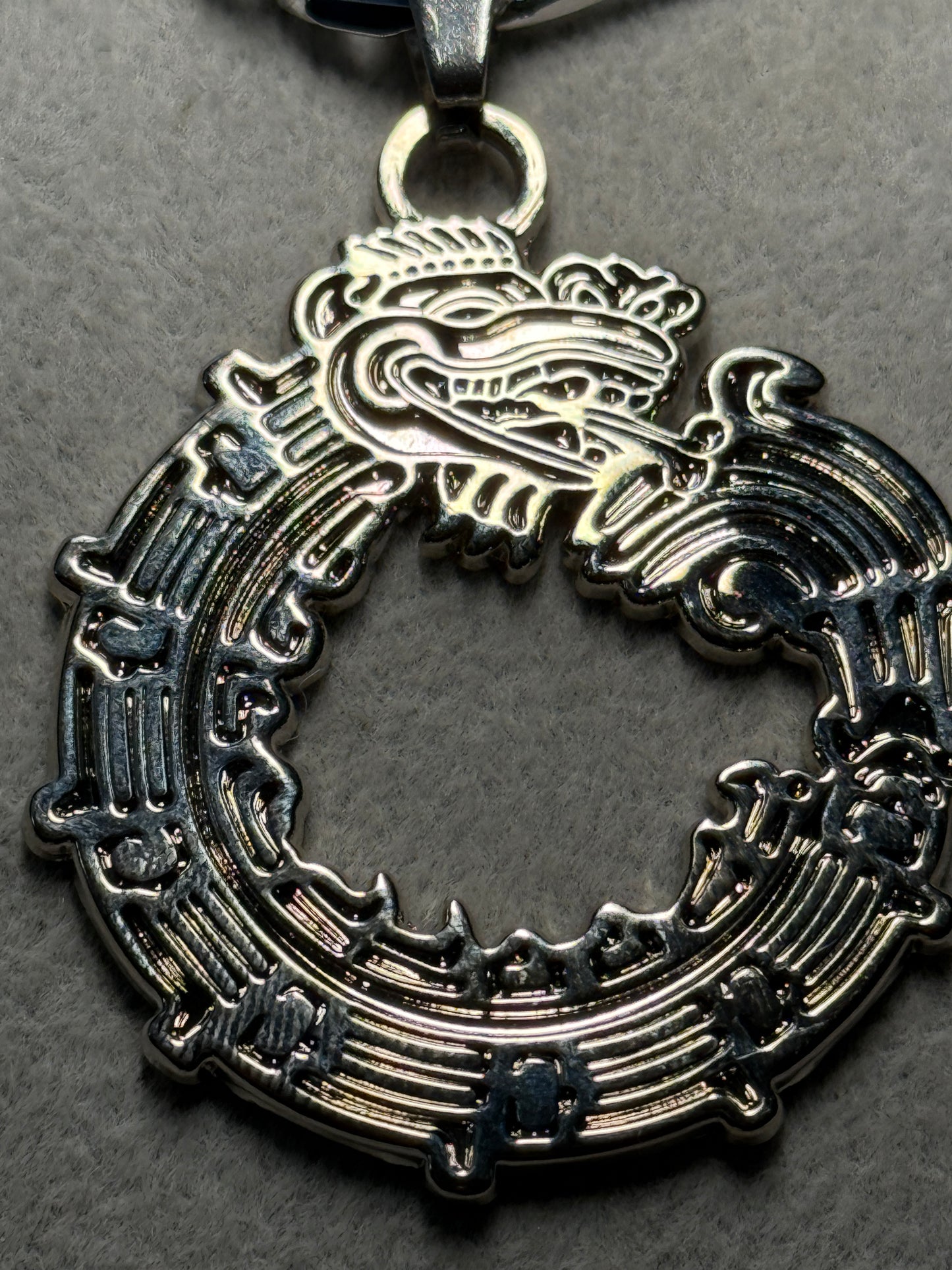 Aztec Quetzalcoatl Mayan Kukulkan Dragon Necklace, Silver Tone Metal, Mexican #H