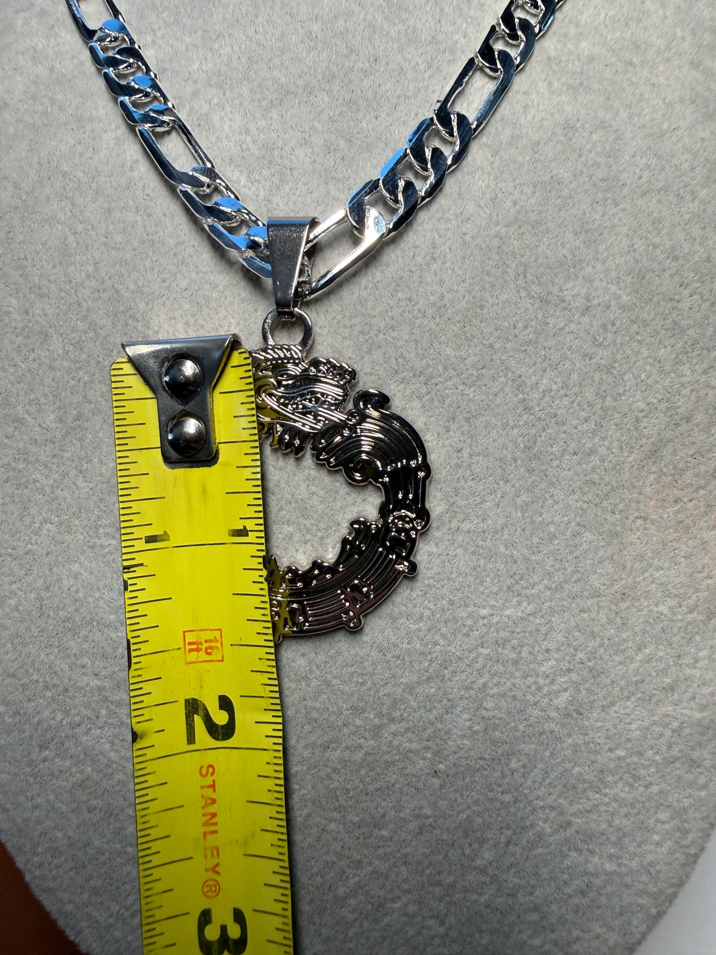 Aztec Quetzalcoatl Mayan Kukulkan Dragon Necklace, Silver Tone Metal, Mexican #H