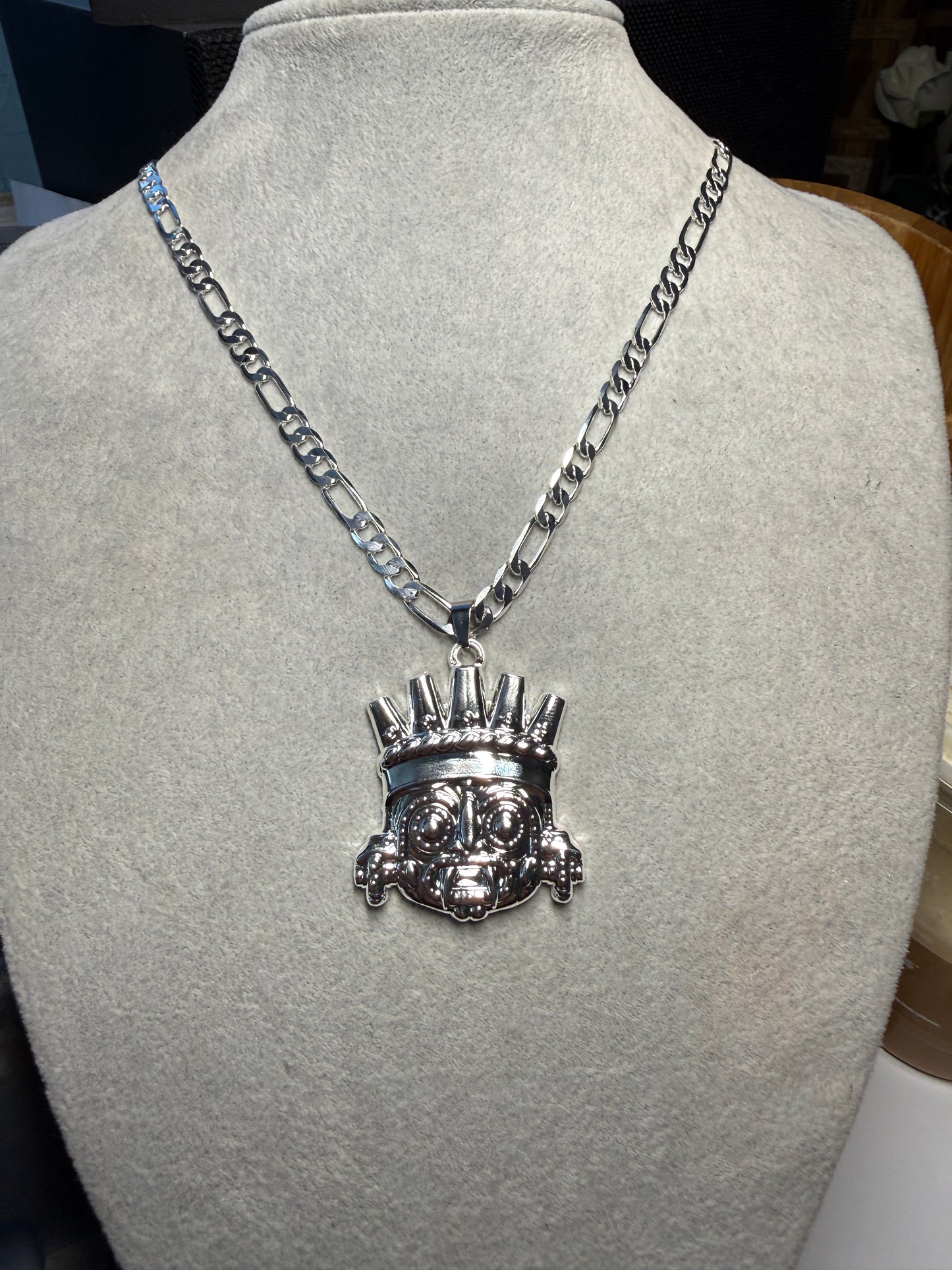 Tlaloc Pendant, Silver Tone, Aztec Rain God, Chain 22.5", Metal Alloy #H