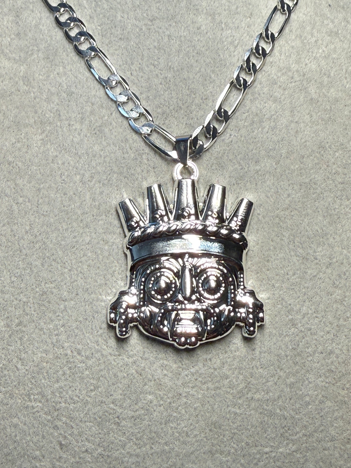 Tlaloc Pendant, Silver Tone, Aztec Rain God, Chain 22.5", Metal Alloy #H