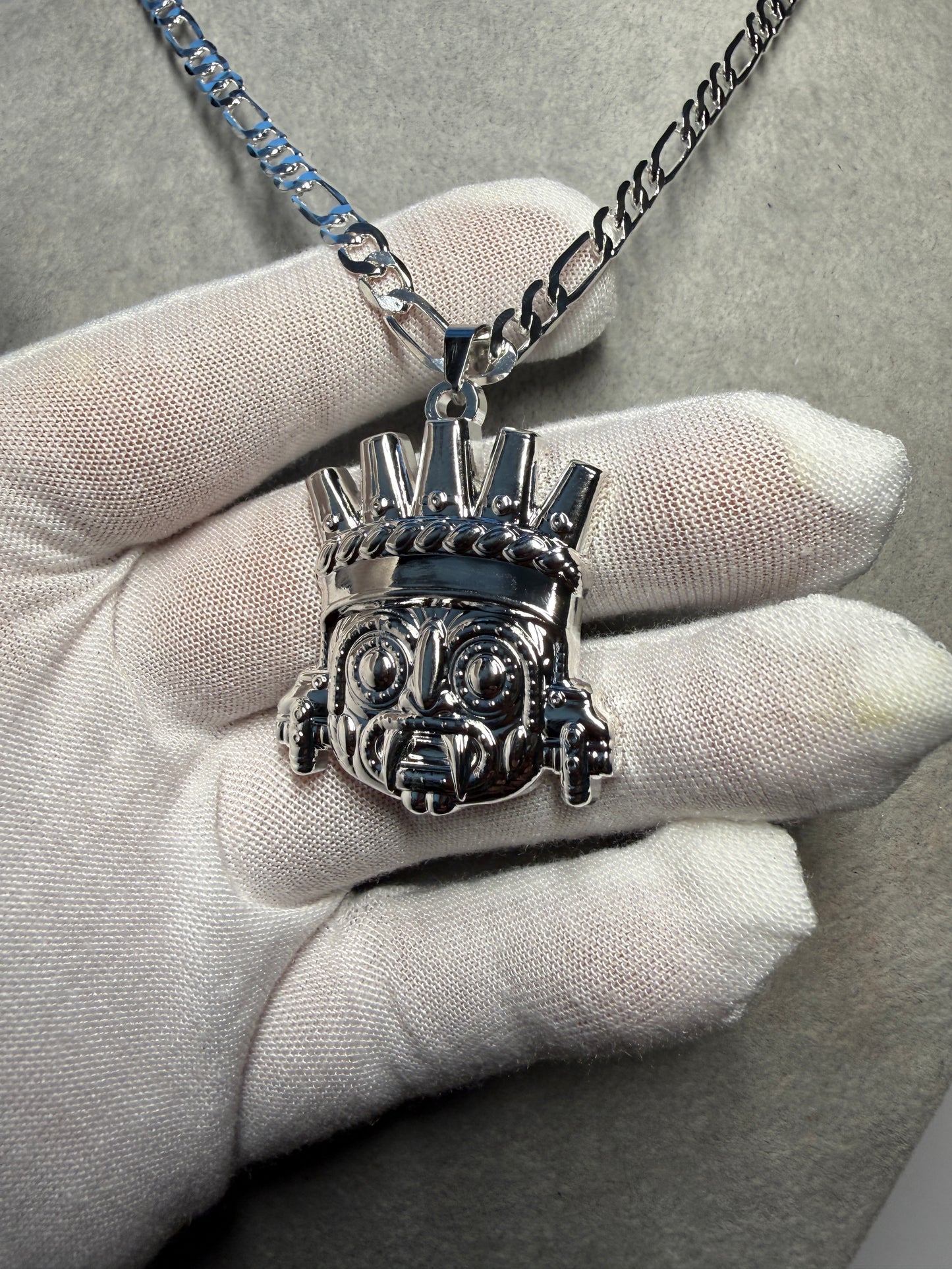 Tlaloc Pendant, Silver Tone, Aztec Rain God, Chain 22.5", Metal Alloy #H