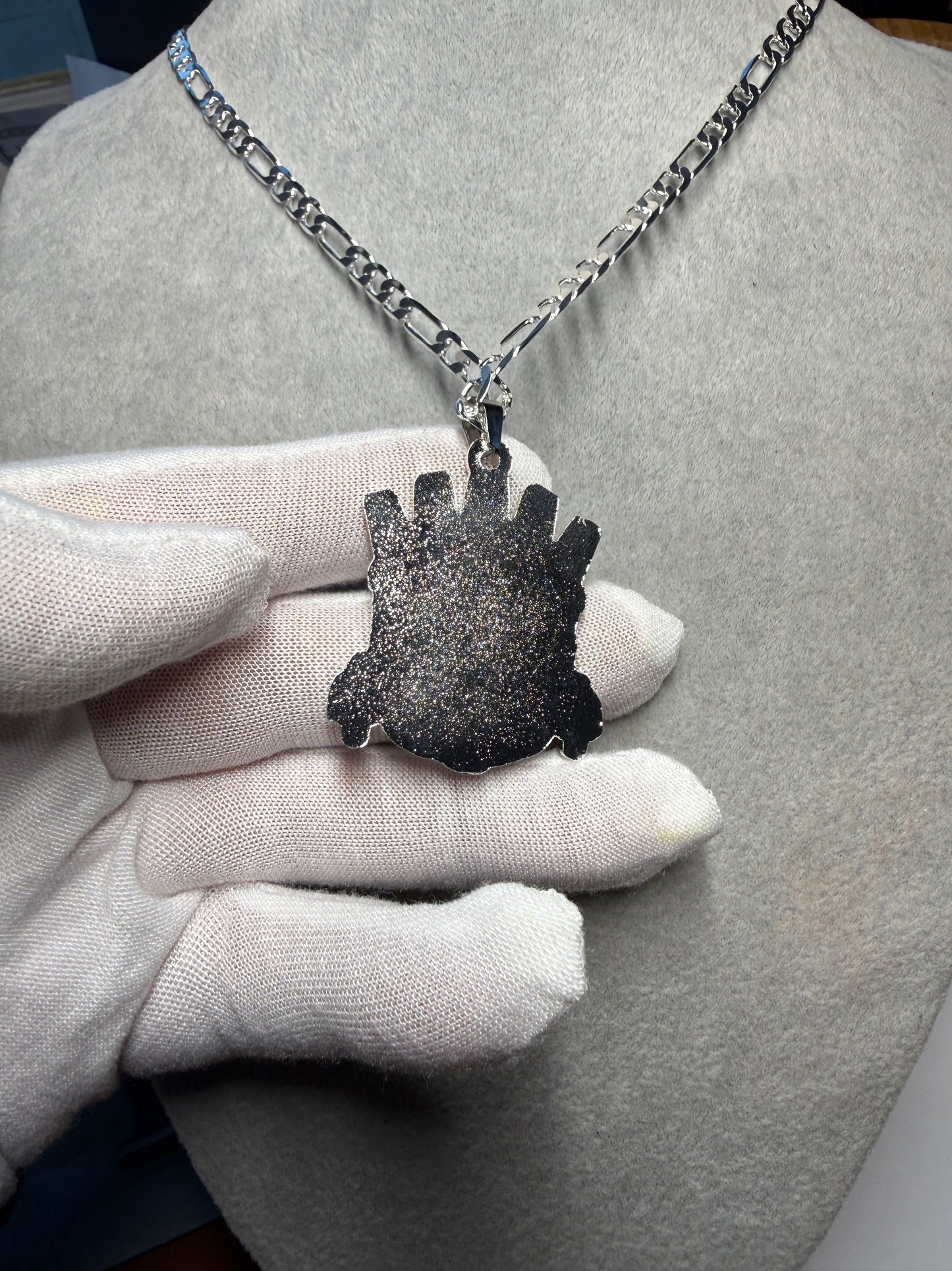 Tlaloc Pendant, Silver Tone, Aztec Rain God, Chain 22.5", Metal Alloy #H