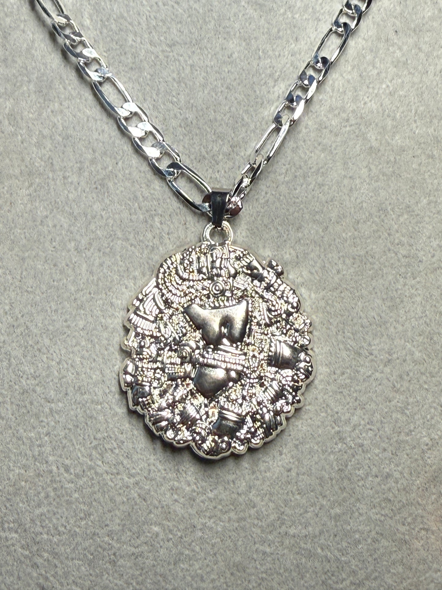 Coyolxauhqui Necklace, Silver Tone, Aztec Moon Goddess, 21.5" Metal Alloy #H