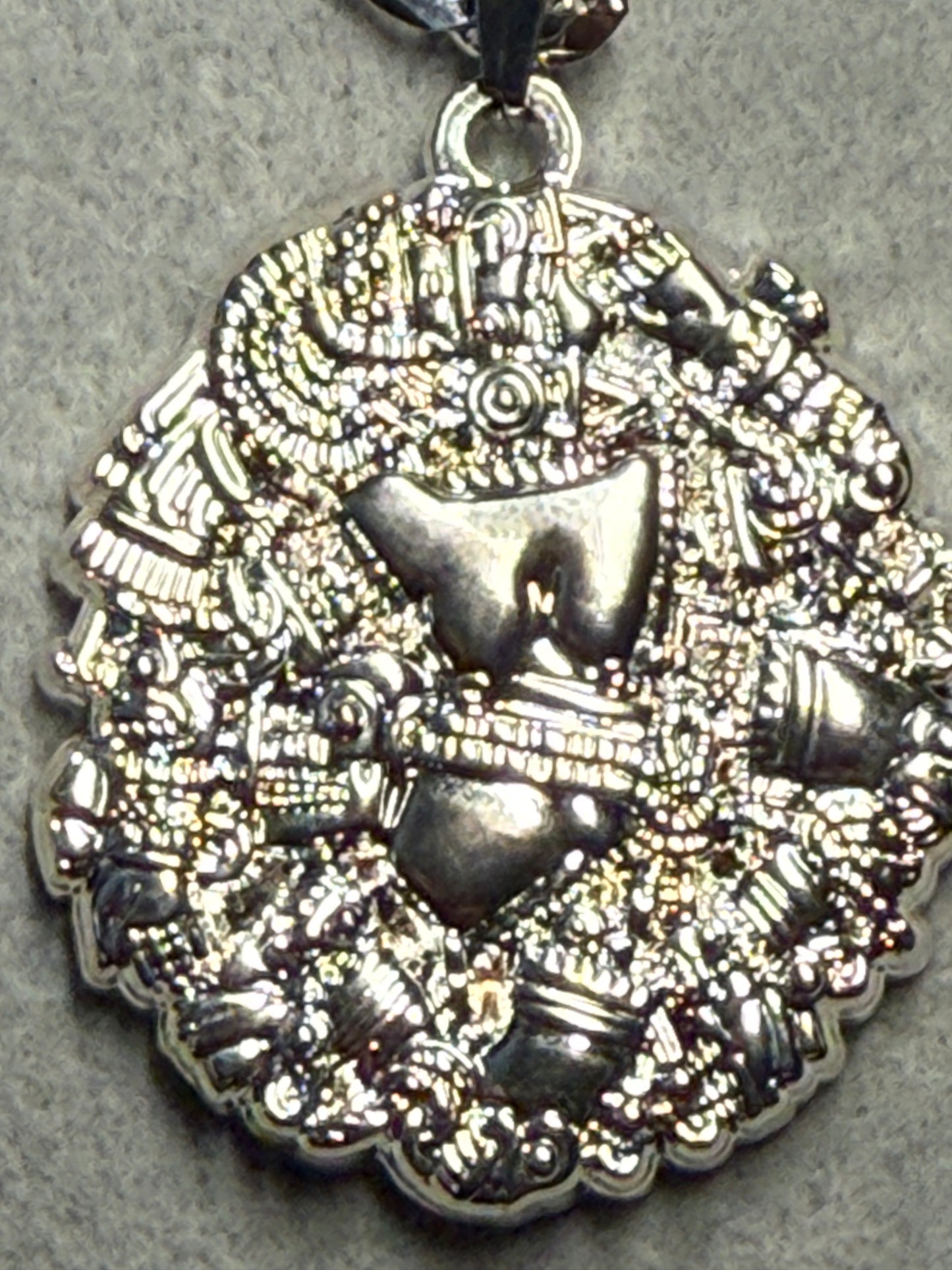Coyolxauhqui Necklace, Silver Tone, Aztec Moon Goddess, 21.5" Metal Alloy #H