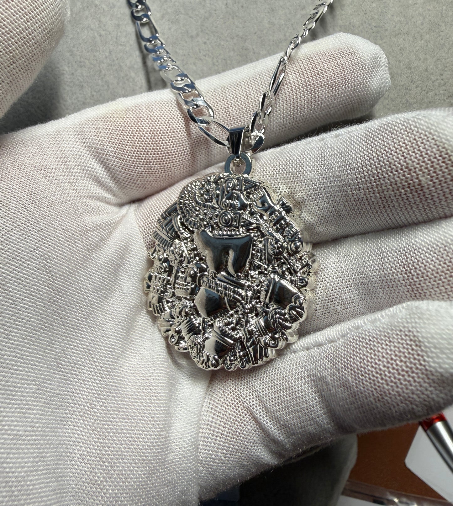 Coyolxauhqui Necklace, Silver Tone, Aztec Moon Goddess, 21.5" Metal Alloy #H