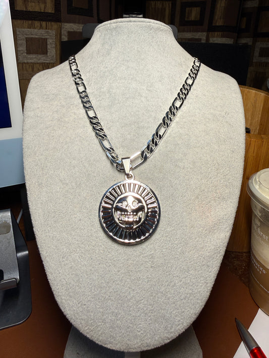 Piedra Muerte Necklace, Disk of Death, Silver Tone Metal, Aztec Mexica #H