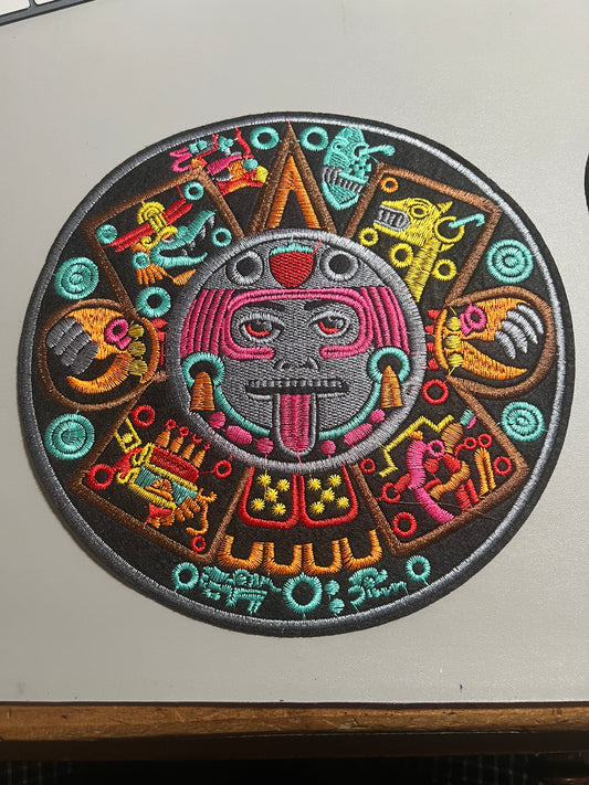 Large Back Patch color Aztec Calendar with Tonatiuh Sun God, 9.25", Pink, Turquoise, Patches, Iron-on, from Mexico (#28)