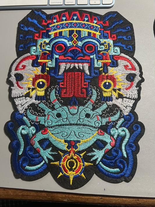 Large Tlaloc Axolotl Mictlantecuitli Aztec Large Patch, iron on, 9.5", Mexica, Mexican, Indigenous, patches (#27)