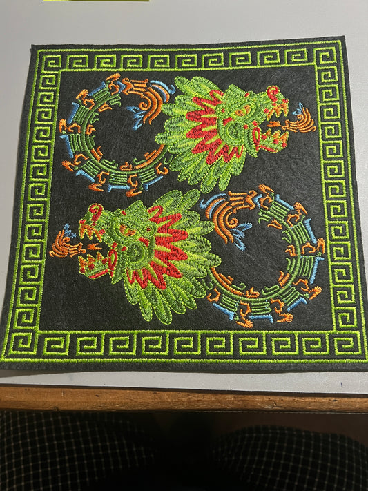 Large Kukulkan Quetzalcoatl, Serpent, feathered, plumed, Iron-On Patch, patches, 9"x9" Square Mexico (#27)