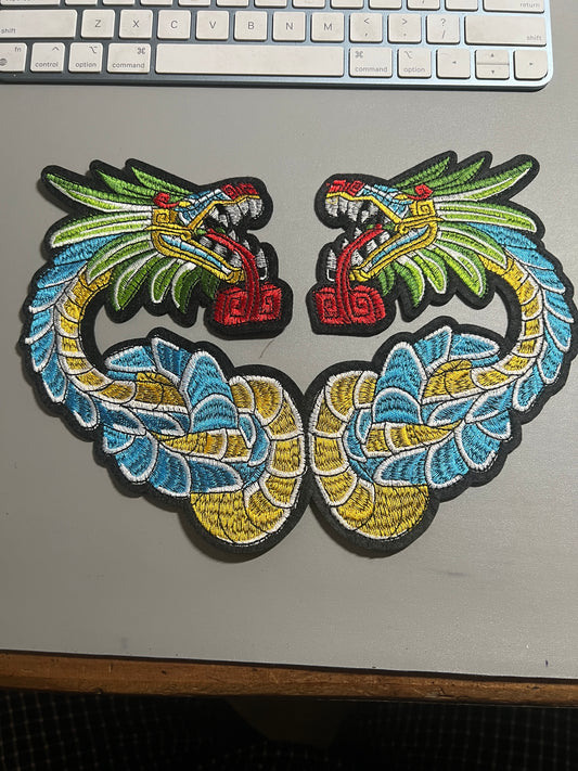 Large Kukulkan Quetzalcoatl, Serpent, feathered, plumed, Iron-On Patch, patches, 9" Heart Shape Mexico (#27)