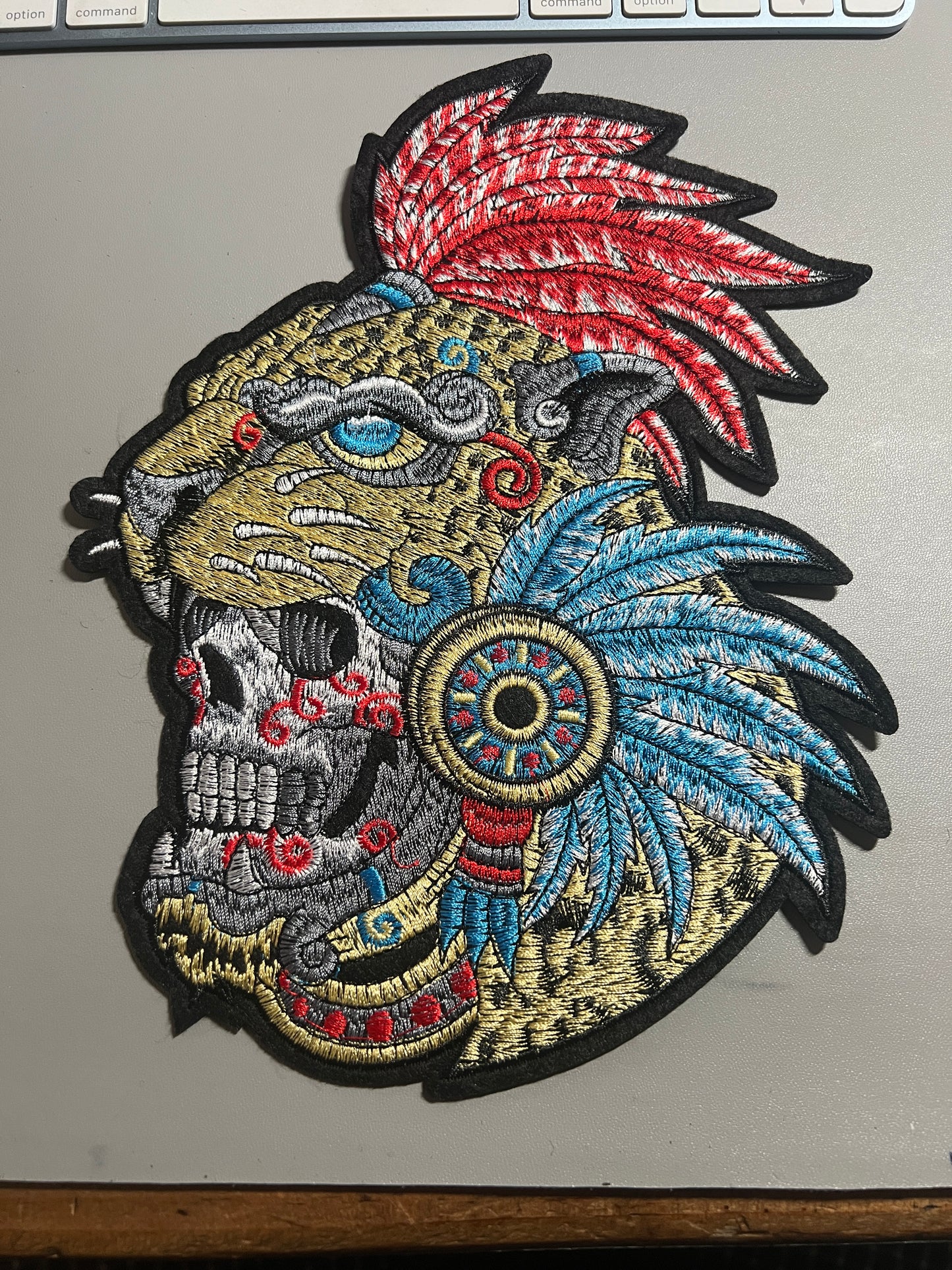 Dead Aztec or Mayan Jaguar Warrior Patch, Large, 9", iron on patches, Mexica, Mexican, Mexico, embroidered (#24)