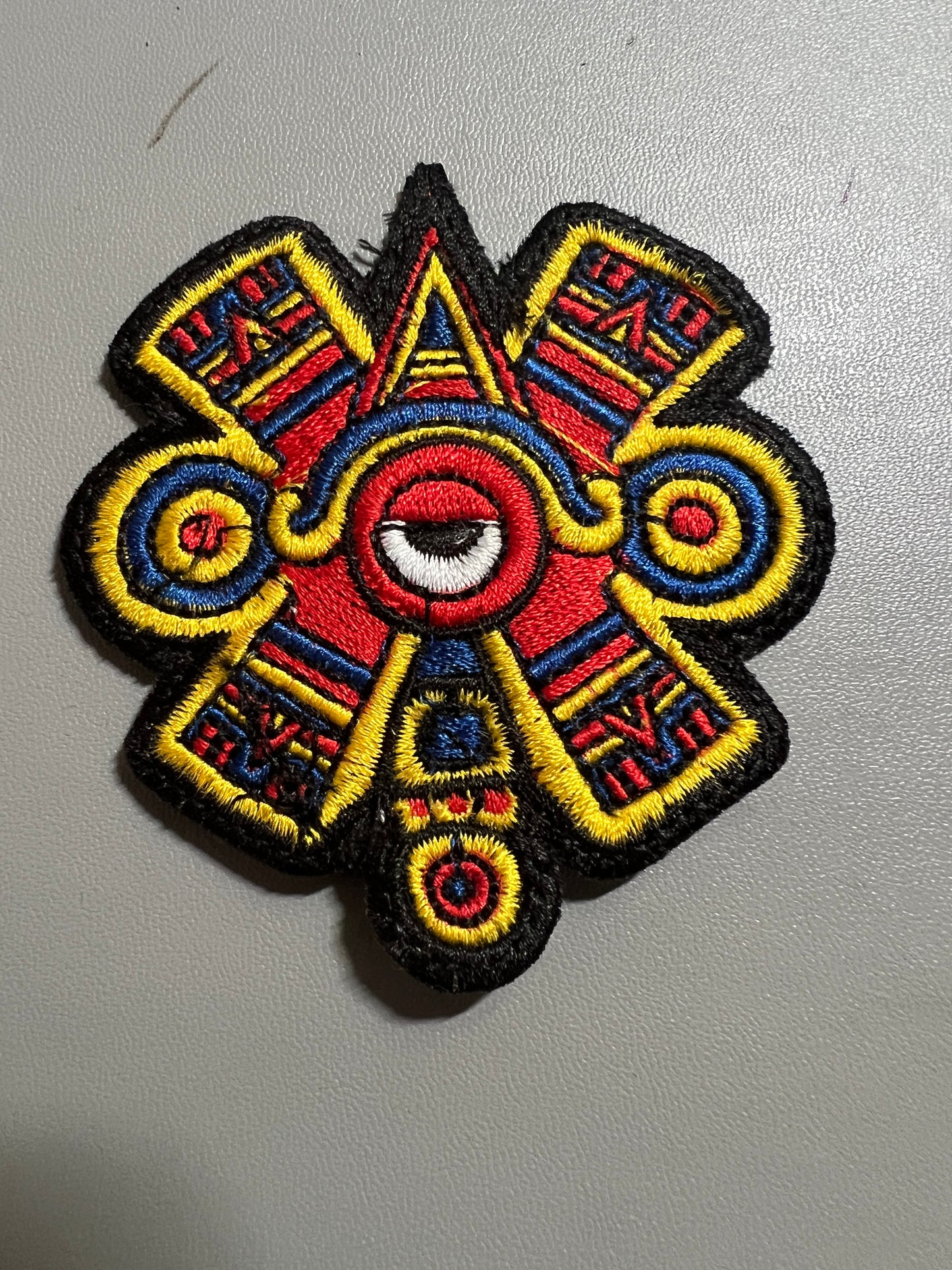 Ollin Nauhi Patch, 3" Iron On Embroidered, Red, Movement, Aztec Calendar Day Sign, Xolotl, Venus, Shape Shifter, Evening Star, Seeing Eye (#23)