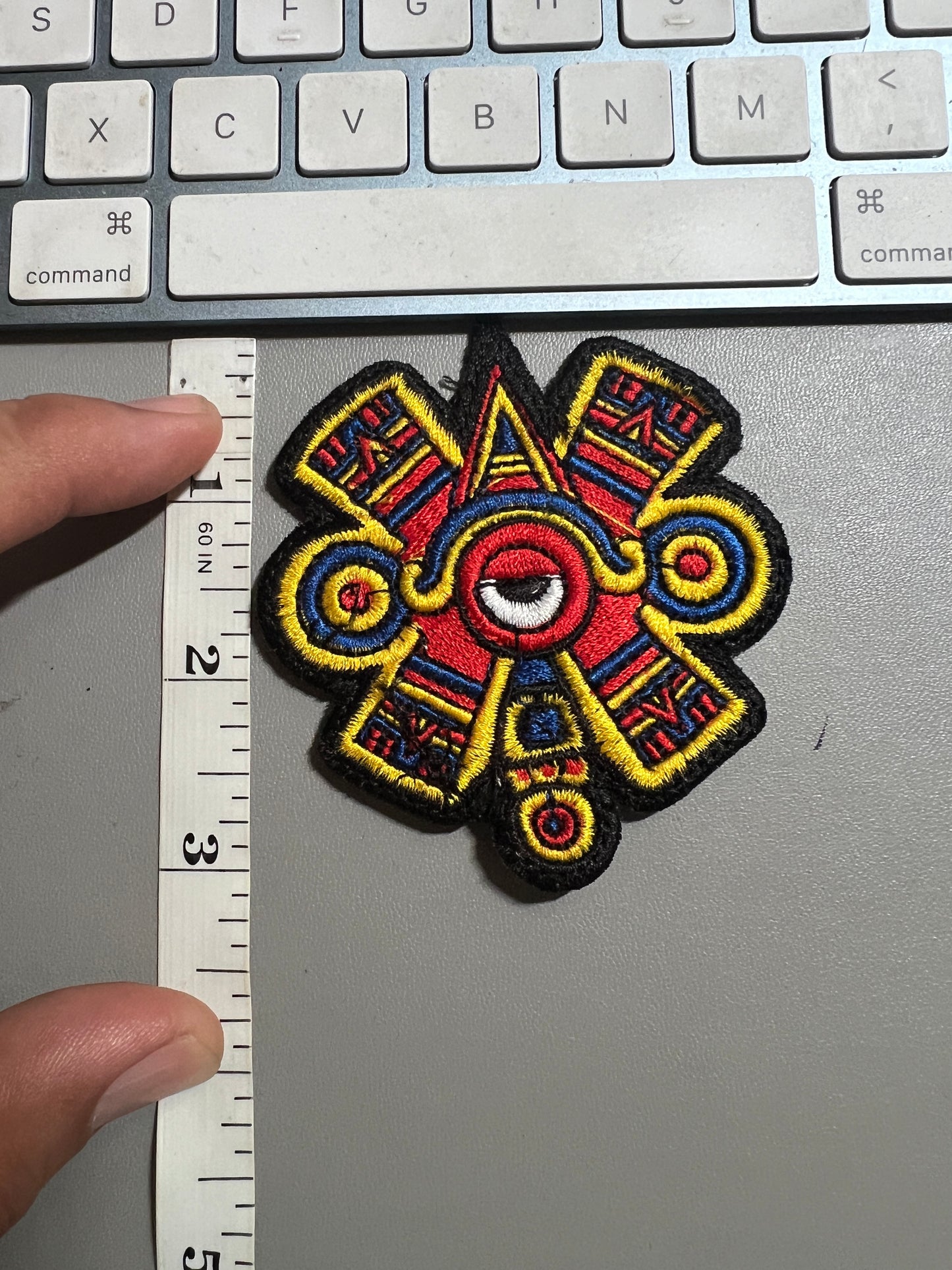 Ollin Nauhi Patch, 3" Iron On Embroidered, Red, Movement, Aztec Calendar Day Sign, Xolotl, Venus, Shape Shifter, Evening Star, Seeing Eye (#23)