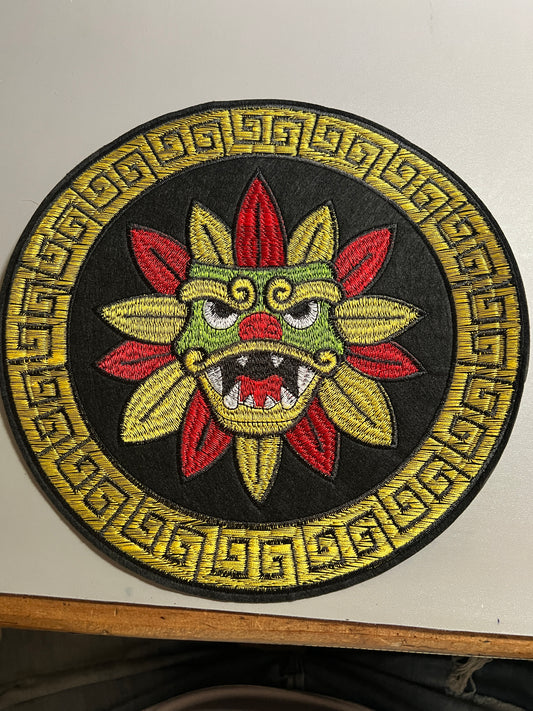 Large Kukulkan Quetzalcoatl, Serpent, feathered, plumed, Iron-On Patch, patches, 10" Circular Mexico (#34)