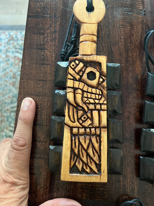 Mini Macuahuitl Azteca Necklace, Kukulkan Mayan, Quetzalcoatl Aztec, Carved, Wood Blades, Hangable Art handmade 8in.
