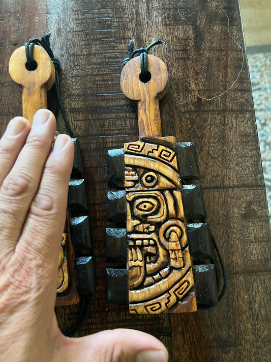 Mini Macuahuitl Azteca Necklace, feature Tonatiuh Aztec Sun God, Carved, Wood Blades, Hangable Art handmade 8in.