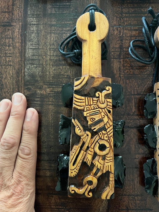 Mini Macuahuitl Azteca Necklace, feature Tezcatlipoca, the Smoking Mirror, Aztec God, Carved, Obsidian Blades, Hangable Art handmade 8in.