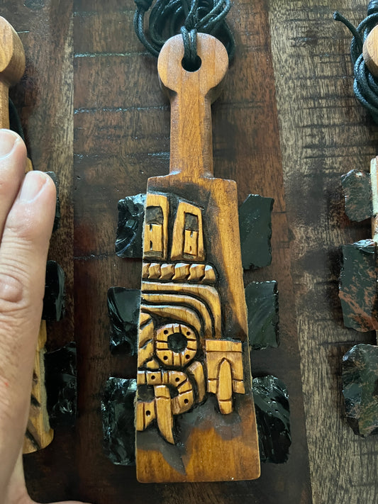 Mini Macuahuitl Azteca Necklace, feature Tlaloc Aztec Rain God, Carved, Obsidian Blades, Hangable Art handmade 8in.