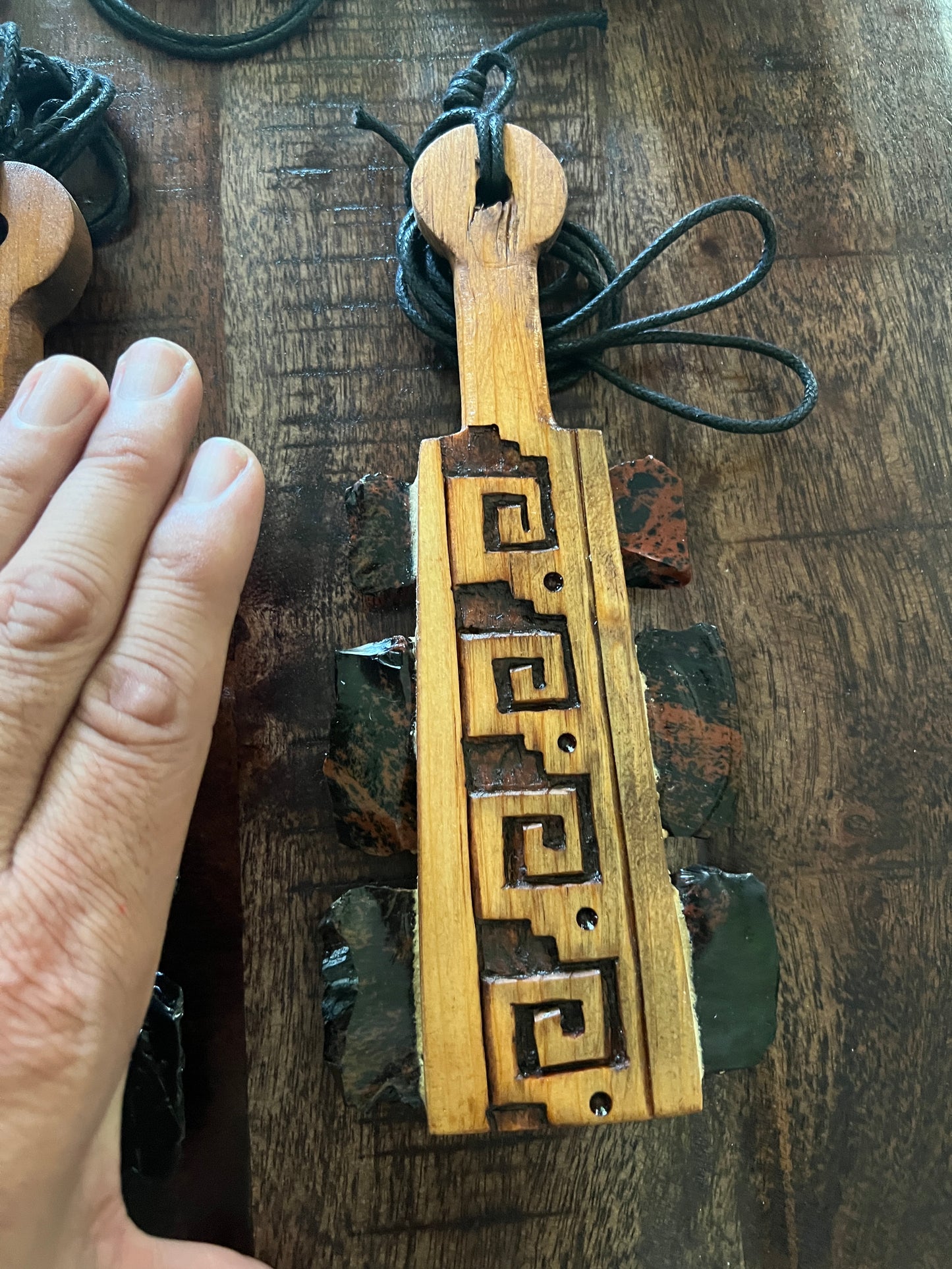 Mini Macuahuitl Azteca Necklace, features Greka Aztec Pyramid Step Design, Carved, Mahogany Obsidian Blades, Hangable Art handmade 8"