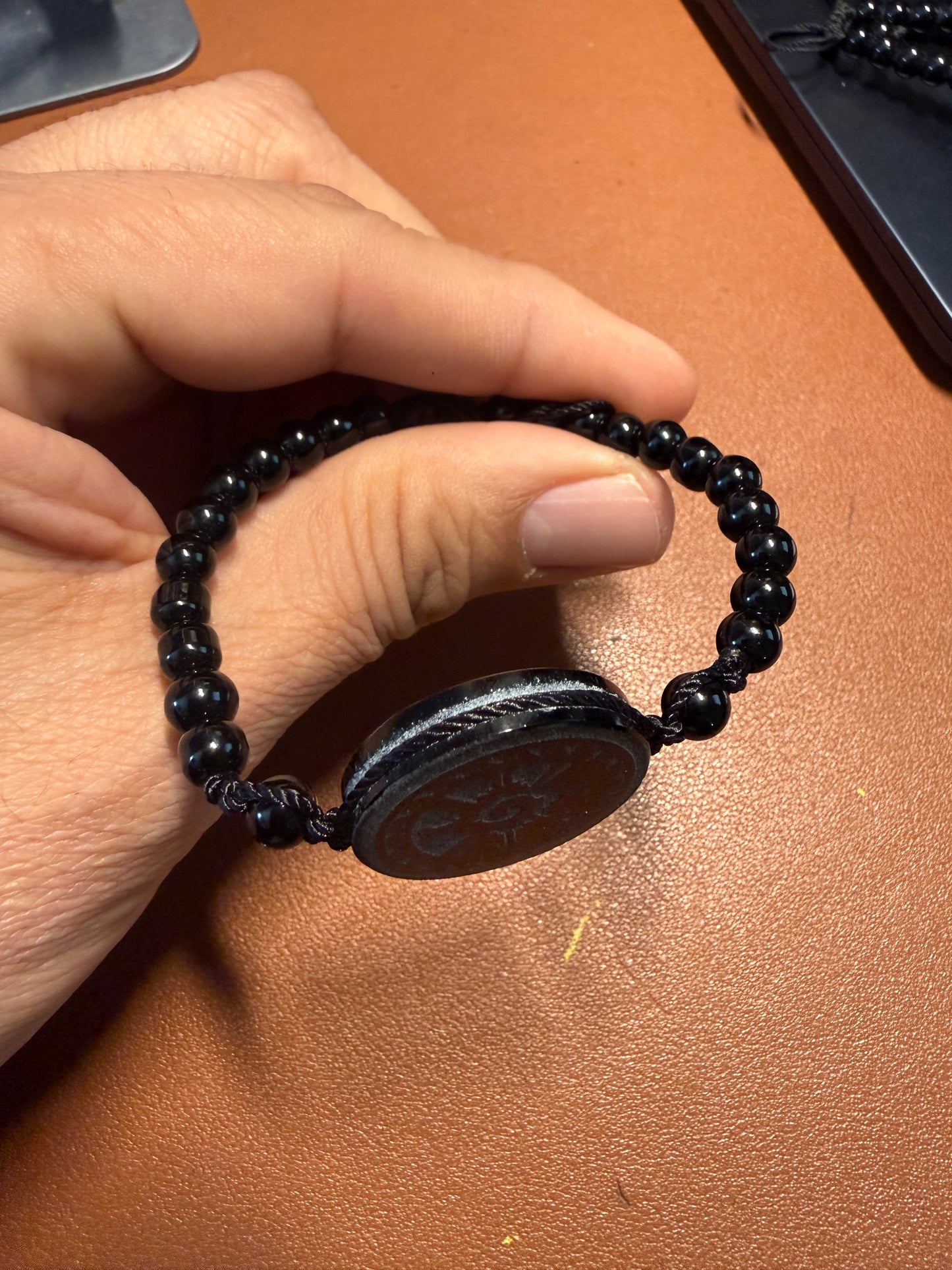 Fancy Ometeotl, Hunab Ku, Obsidian Beaded Bracelet, Aztec, Maya Mexican #41