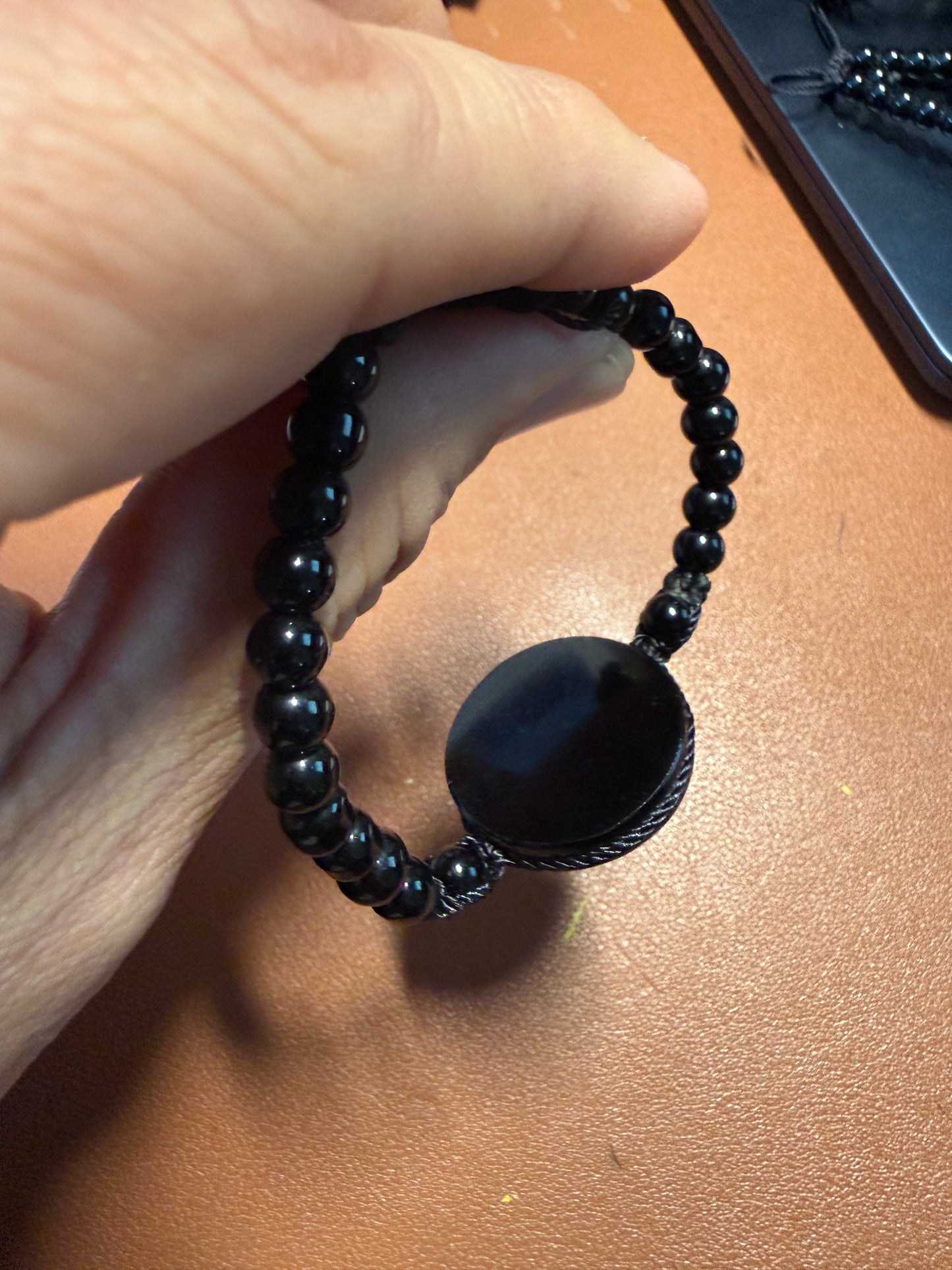 Fancy Ometeotl, Hunab Ku, Obsidian Beaded Bracelet, Aztec, Maya Mexican #41