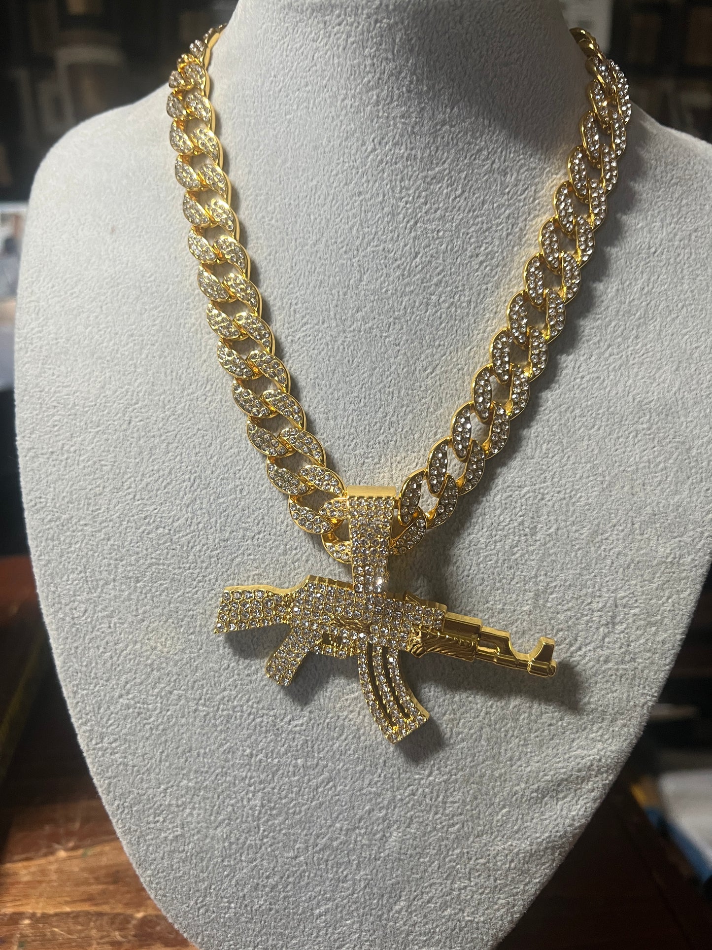 Men's alloy 3" AK pistol necklace High Quality Gold Plated Gun Pendant Hiphop Pendant For young Man 18" Choker (#20)