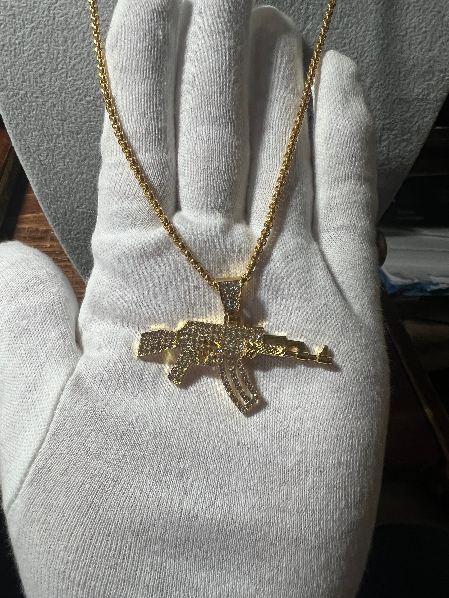 Men's alloy 2" AK pistol necklace High Quality Gold Plated Gun Pendant Hiphop Pendant For Man 23" (#20)