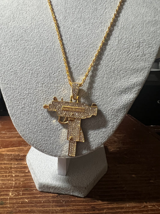 Men's alloy 2" MAC pistol necklace High Quality Gold Plated Gun Pendant Hiphop Pendant For Man 23" (#20)