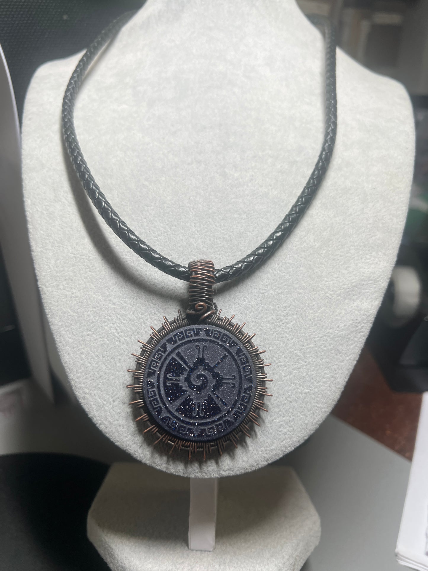 Blue Sparkles Aventurine Stone Ometeotl Hunab Ku Duality God of Aztec Mexica Maya, 2", leather rope necklace, 20" Mexico (#16)