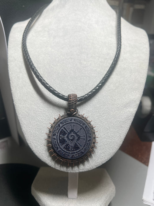 Blue Sparkles Aventurine Stone Ometeotl Hunab Ku Duality God of Aztec Mexica Maya, 2", leather rope necklace, 20" Mexico (#16)