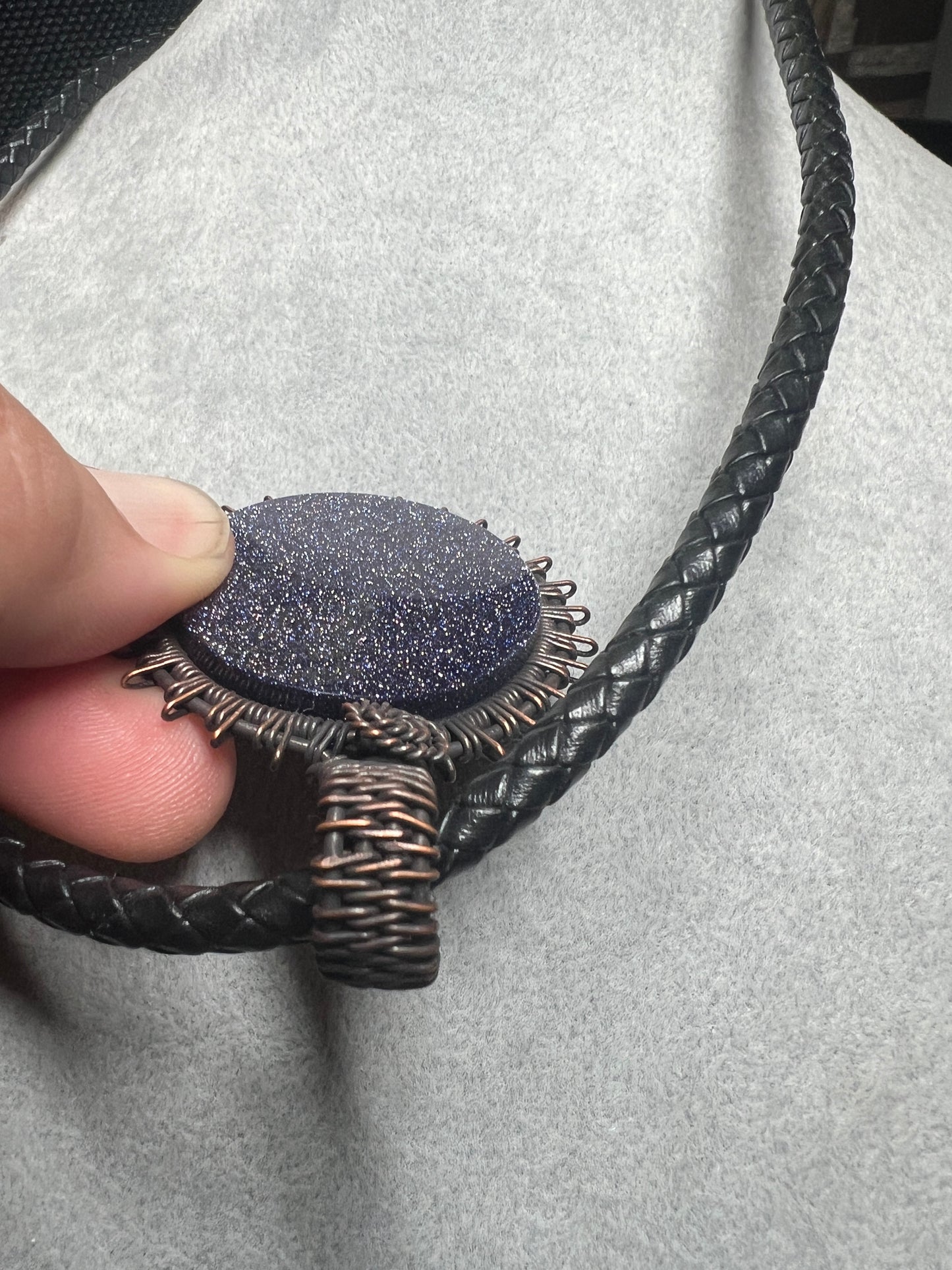 Blue Sparkles Aventurine Stone Ometeotl Hunab Ku Duality God of Aztec Mexica Maya, 2", leather rope necklace, 20" Mexico (#16)