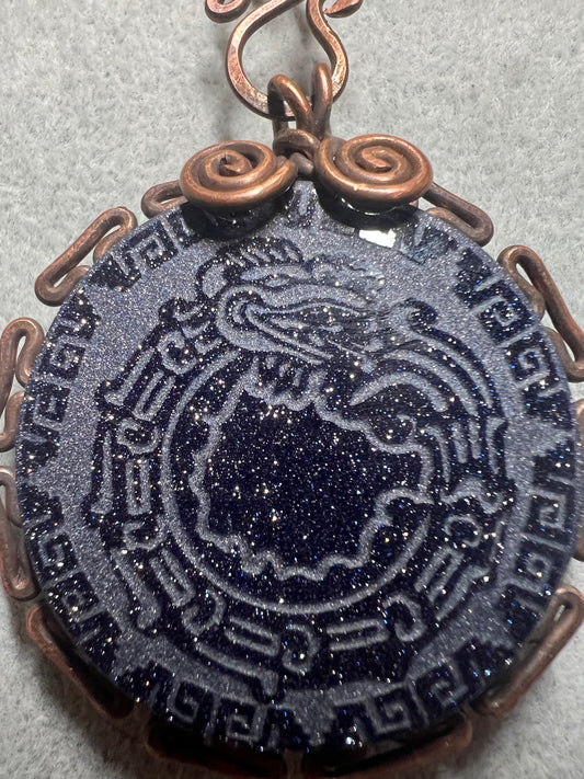 Blue Sparkles Aventurine Stone Kukulkan Quetzalcoatl Mexican Dragon Aztec Mexica Maya, 1.75", leather rope necklace, 20" Mexico (#16)