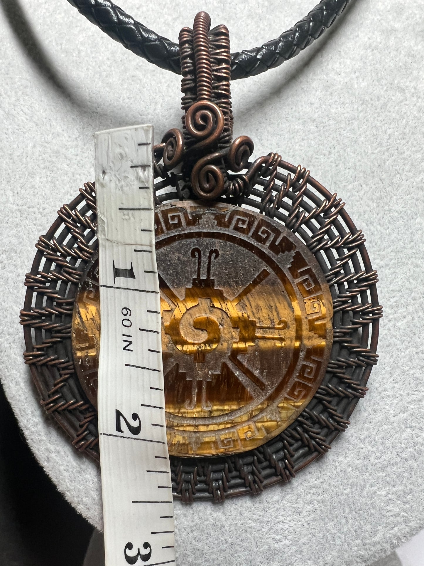 Tiger Eye Stone Ometeotl Hunab Ku Duality God of Aztec Mexica Maya, 2.75", leather rope necklace, 23" Mexico (#16)