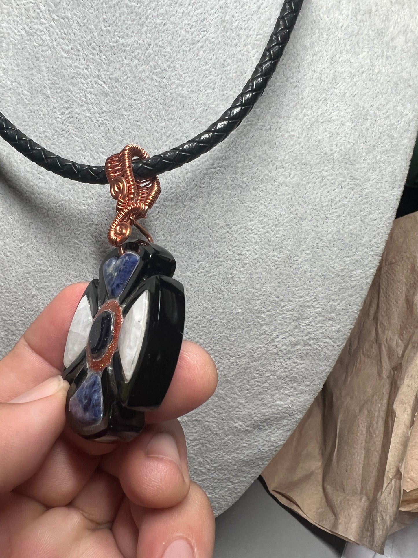 Obsidian Flower Stone Pendant, Choker, Aztec Mexica Maya, 1.75", leather rope necklace, 17" Mexico (#16)