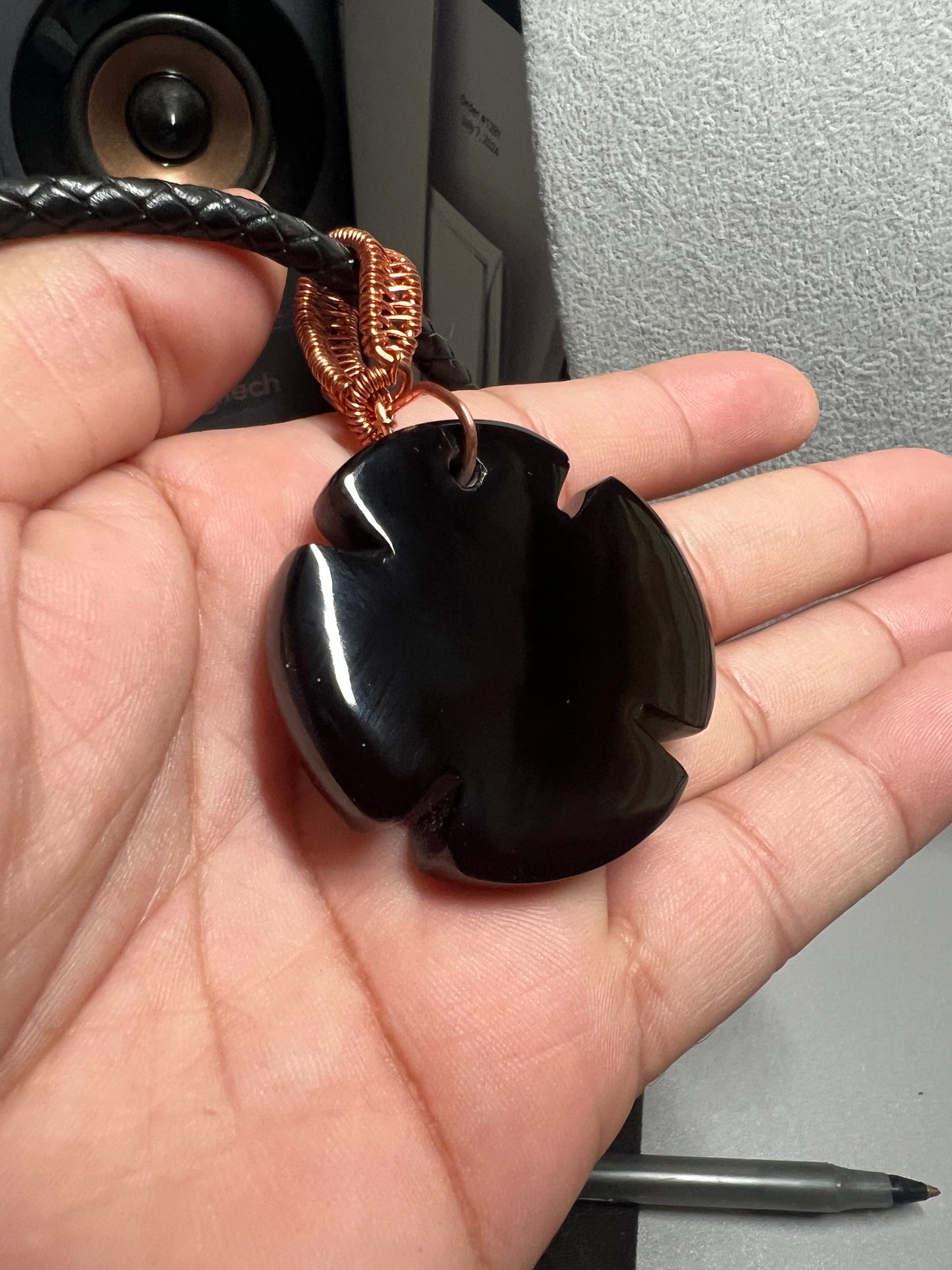 Obsidian Flower Stone Pendant, Choker, Aztec Mexica Maya, 1.75", leather rope necklace, 17" Mexico (#16)