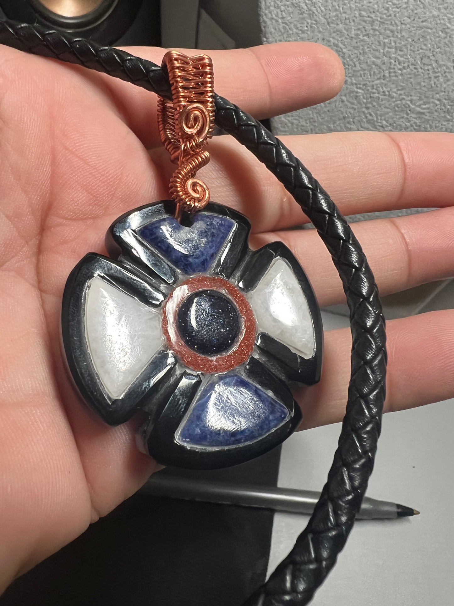 Obsidian Flower Stone Pendant, Choker, Aztec Mexica Maya, 1.75", leather rope necklace, 17" Mexico (#16)