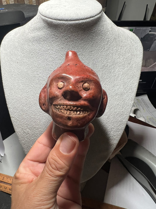 Beheaded Shrunken Head Aztec Death Whistle made of Red Clay from Teotihuacan Mexico by the Indigenous Tribes of Mexica