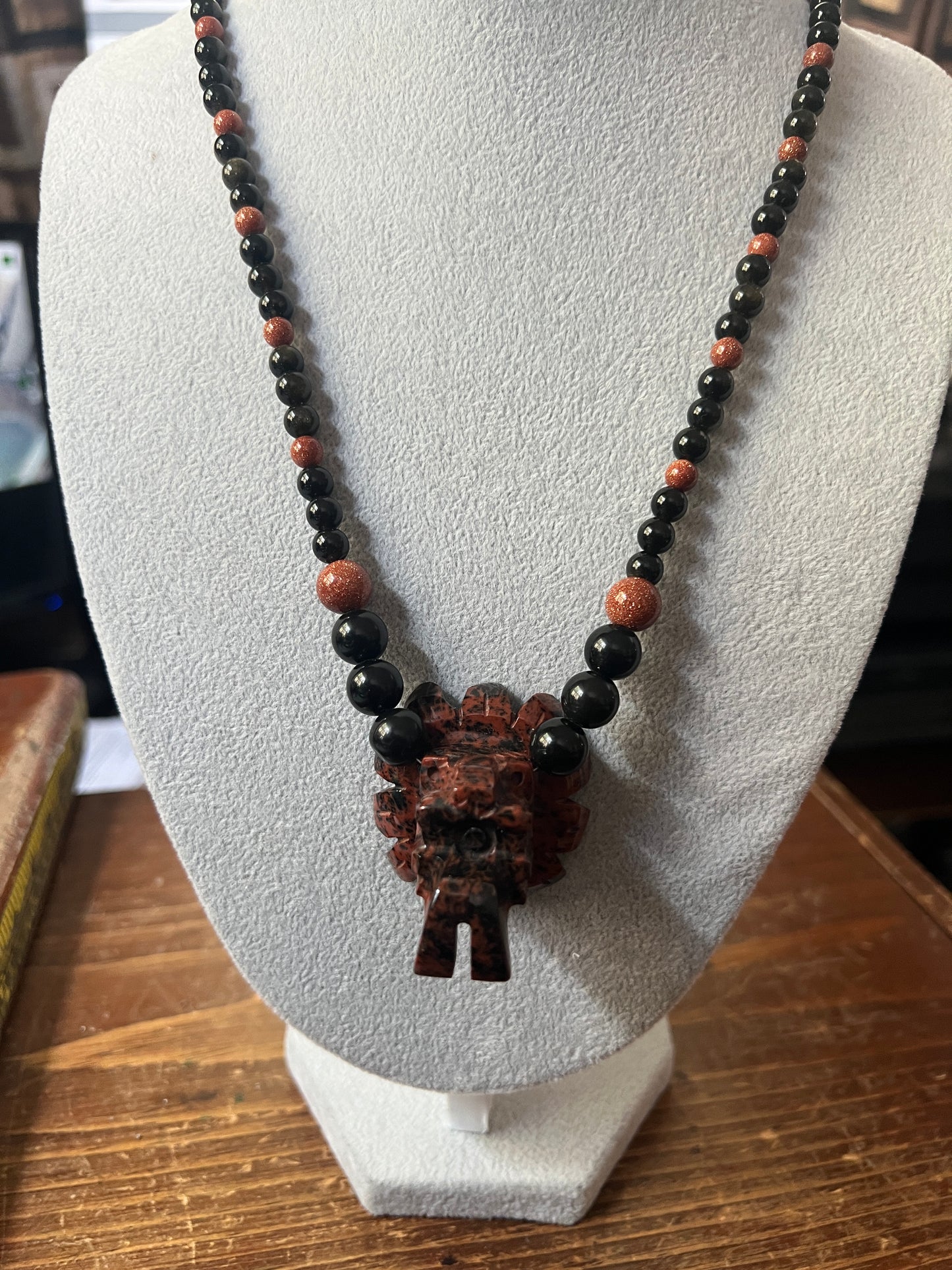 Mahogany Obsidian Beaded Quetzalcoatl Feathered Serpent Necklace, Kukulkan Mayan Plumed Serpent Necklace 23" Maya, Aztec, Mexica, Plumed Serpent, Dragon #16