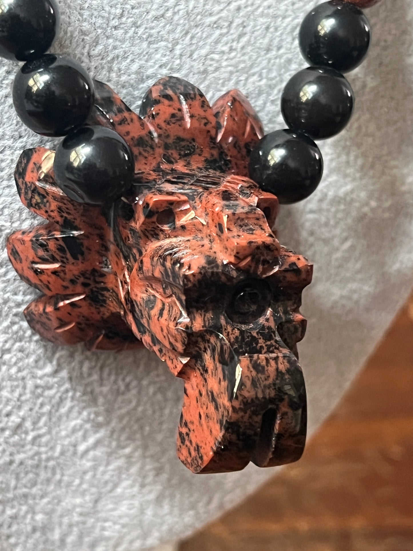 Mahogany Obsidian Beaded Quetzalcoatl Feathered Serpent Necklace, Kukulkan Mayan Plumed Serpent Necklace 23" Maya, Aztec, Mexica, Plumed Serpent, Dragon #16