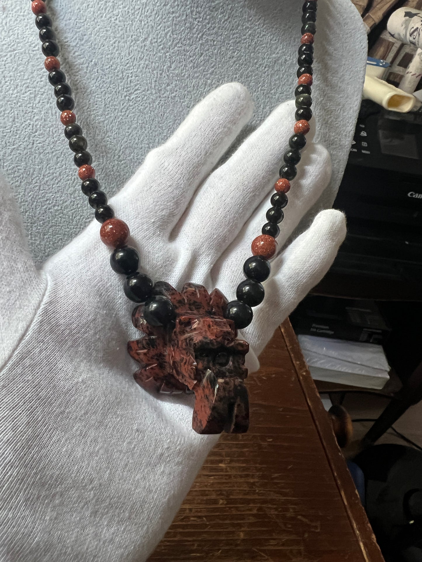 Mahogany Obsidian Beaded Quetzalcoatl Feathered Serpent Necklace, Kukulkan Mayan Plumed Serpent Necklace 23" Maya, Aztec, Mexica, Plumed Serpent, Dragon #16