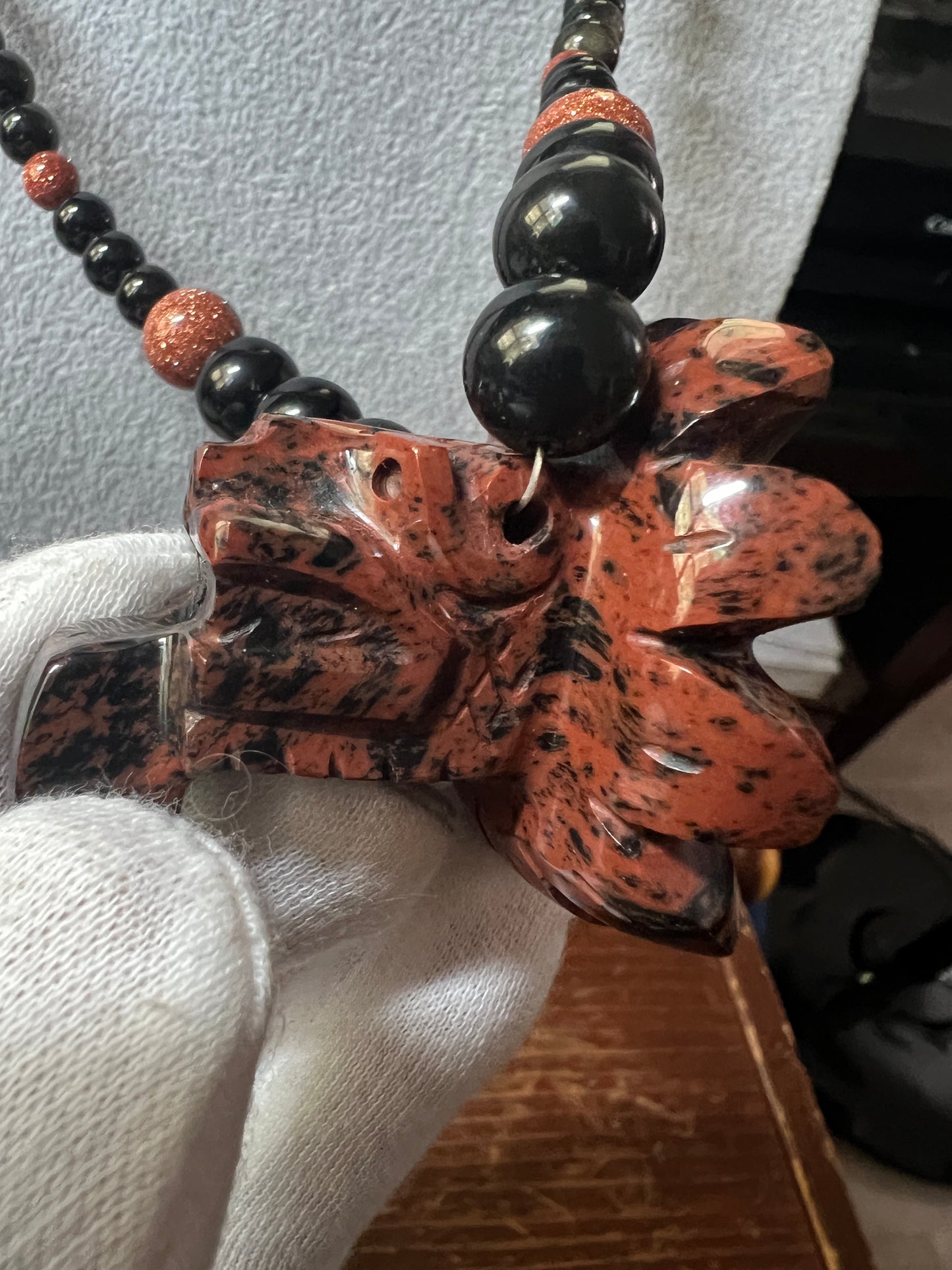 Mahogany Obsidian Beaded Quetzalcoatl Feathered Serpent Necklace, Kukulkan Mayan Plumed Serpent Necklace 23" Maya, Aztec, Mexica, Plumed Serpent, Dragon #16