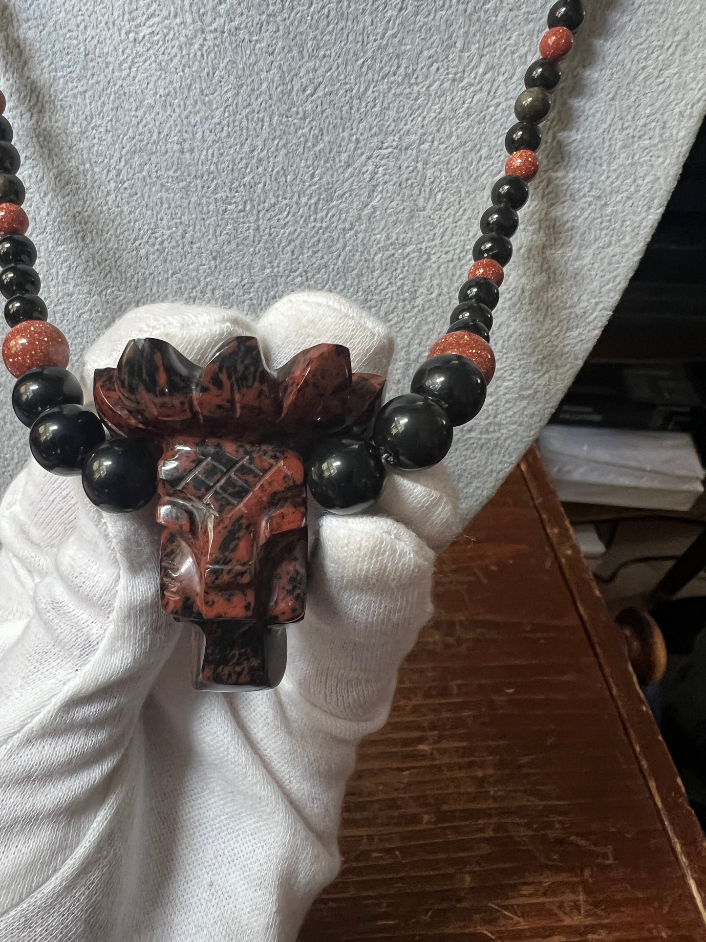 Mahogany Obsidian Beaded Quetzalcoatl Feathered Serpent Necklace, Kukulkan Mayan Plumed Serpent Necklace 23" Maya, Aztec, Mexica, Plumed Serpent, Dragon #16