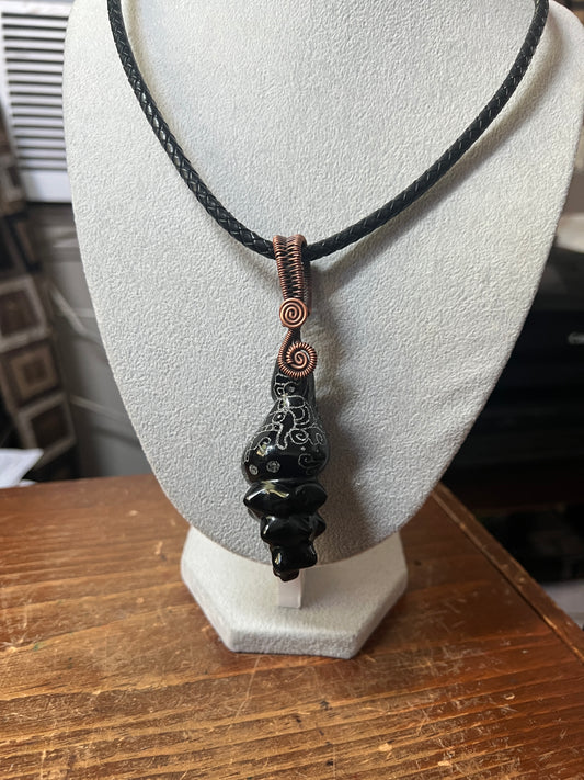 Black Obsidian Carved Conch Sea Shell Necklace, Kukulkan Mayan Necklace 22" Maya, Aztec, Mexica #16