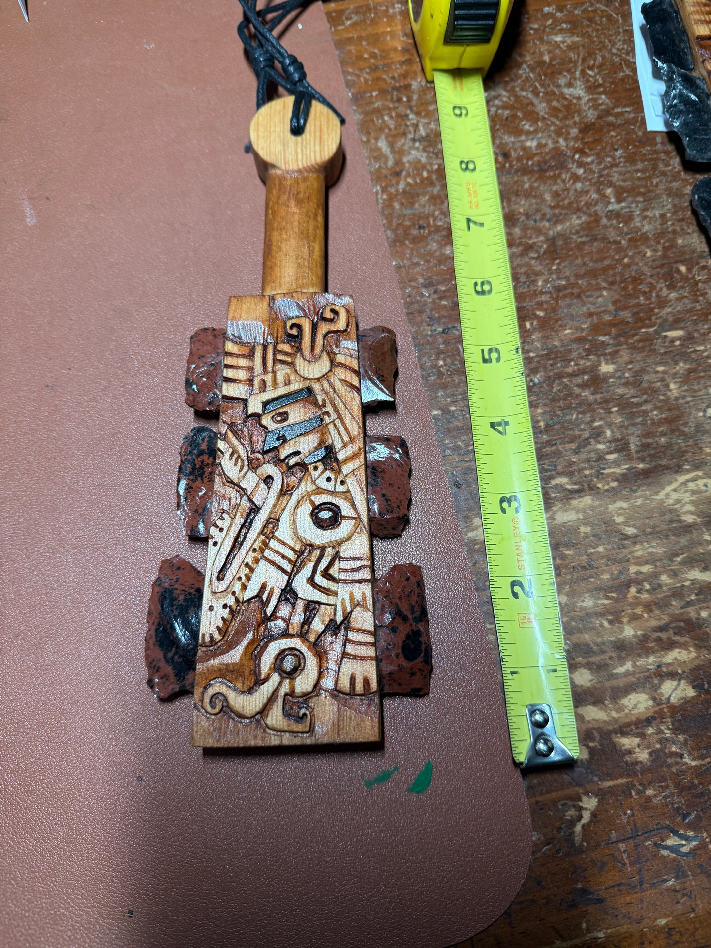 Macuahuitl Necklace, Aztec, TEZCATLIPOCA, Mexican Carved, MAHOGANY Obsidian Blades, Hangable Art handmade 8.25"