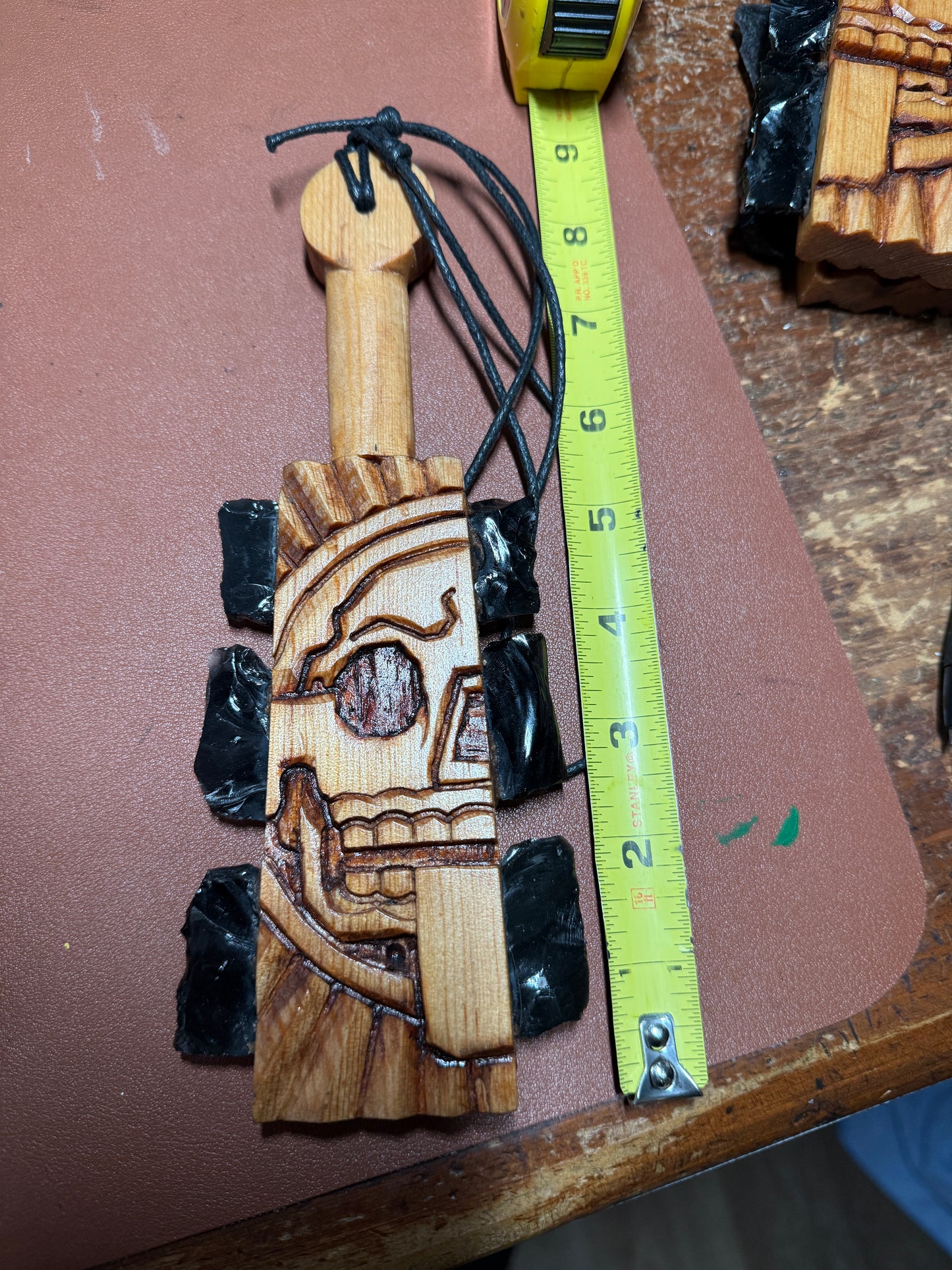 Macuahuitl Necklace, Aztec, Piedra de Muerte, Stone of Death, Mictlantecuhtli, Carved, Blk Obsidian Blades, Hangable Art handmade 8.25"