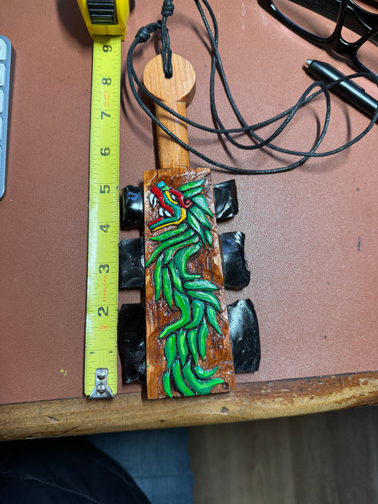 Macuahuitl Necklace, Aztec, KUKULKAN, QUETZALCOATL, Black Obsidian Blades, Hangable Art handmade 8.25"